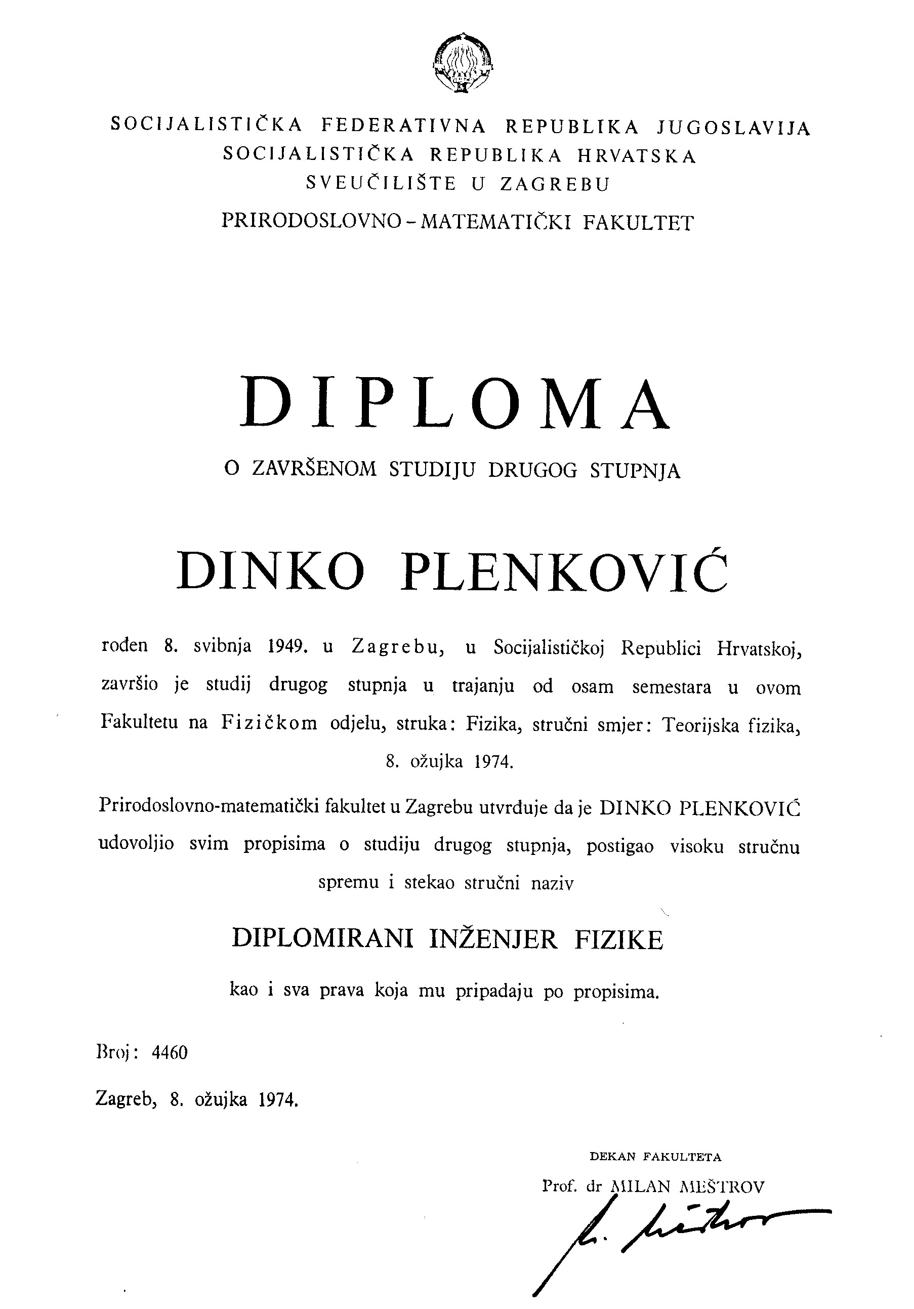 University of Zagreb graduation certificate